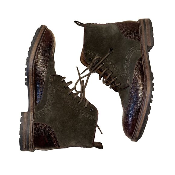 BOSS Hugo Boss Lunno Green Brown Suede Leather Wing Tip Ankle